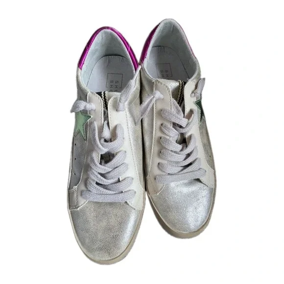 Shu Shop Paula Silver Distressed Shoes Sneakers Shiny Star US 7.5 - Picture 11 of 13